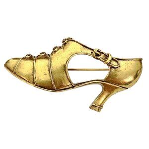 MMA Shoe Brooch, Gold Tone Clear Rhinestone High Heel Pin, Signed